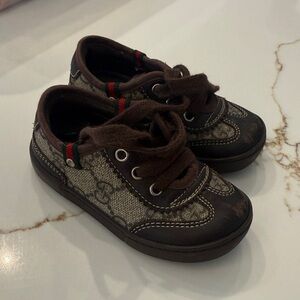 Gucci Brown Logo-Print Kids Lace-Up Sneakers with Green-Red Web